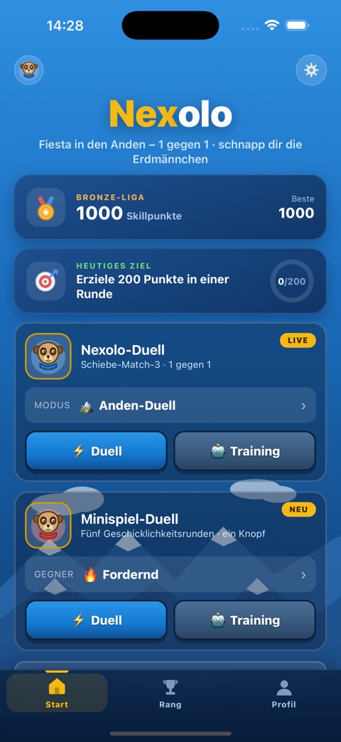 Startbildschirm von Nexolo mit Skillpunkten, Tagesziel und den beiden Spielen